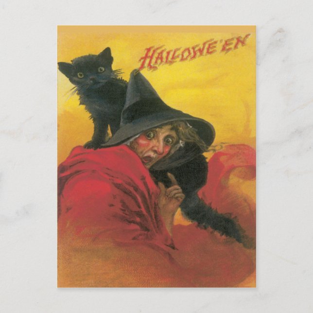 Vintage  Postkarte mit Hexenkatze und Schwarzer Ka (Vorderseite)