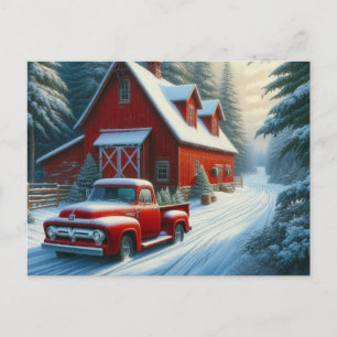 Vintage Postkarte mit rotem Lastwagen und Scheunen