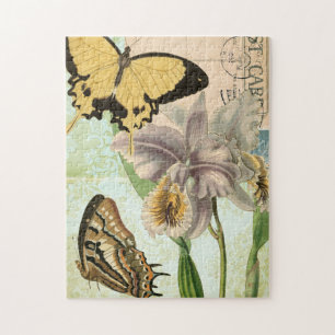 Vintage Postkarte mit Schmetterlingen und Blume Puzzle