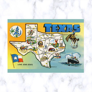 Vintage-Postkarte mit Texas-Karte und -Flagge Postkarte