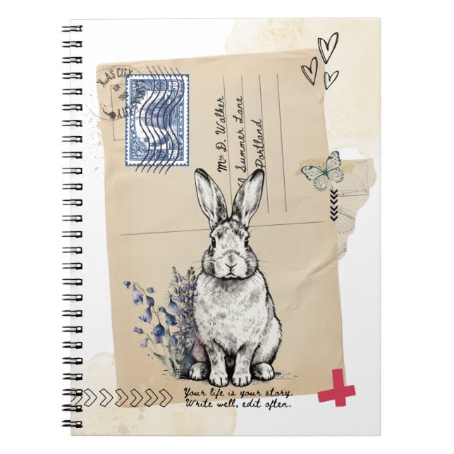 Vintage-Postkarten-Hasen-Notizbuch Journal Notizblock (Vorderseite)