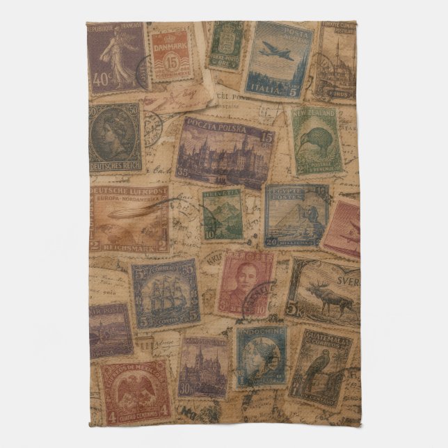 Vintage-Postwertzeichen philatelische Ephemera Geschirrtuch (Vertikal)