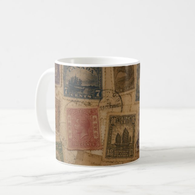 Vintage-Postwertzeichen philatelische Ephemera Kaffeetasse (Vorderseite Links)