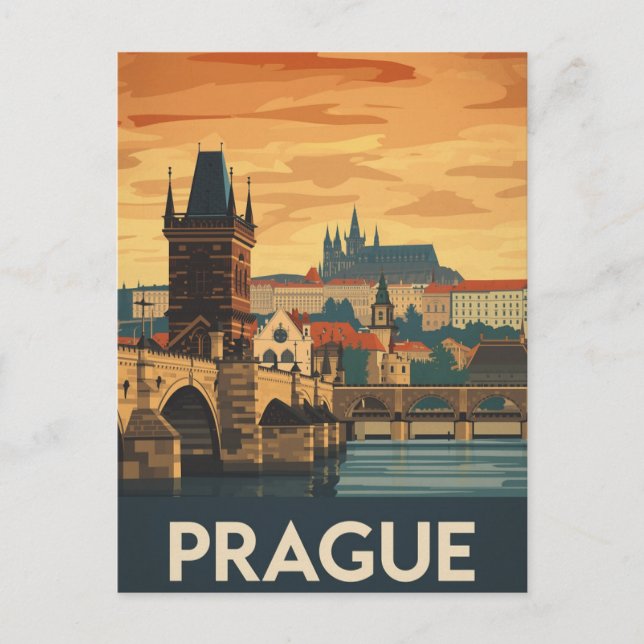 Vintage Prague Travel Poster Charles Bridge Postkarte (Vorderseite)