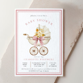 Vintage Pram Baby Shower | Blush & Golden Florals Einladung