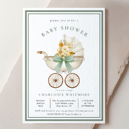 Vintage Pram Baby Shower Sage Green Golden Floral Einladung