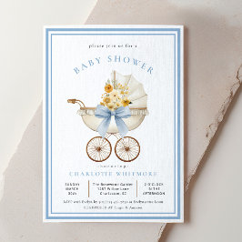 Vintage Pram Baby Shower  Sky Blue & Golden Floral Einladung