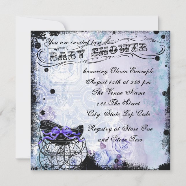Vintage Pram Lavender Lila Kinderdusche Einladung (Vorderseite)