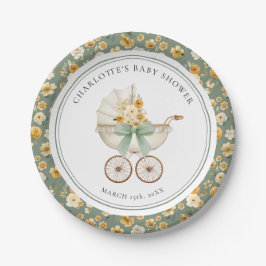 Vintage Pram Sage Green Floral Baby Shower Plate Pappteller