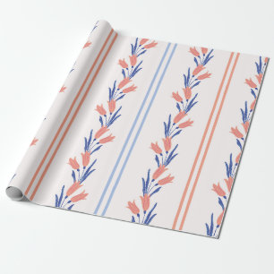 Vintage Preppy Lachs- und Blaue Floralstreifen Geschenkpapier