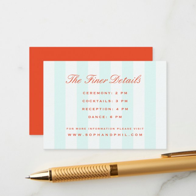 Vintage Preppy Stripes Aquamarin Orange Wedding Begleitkarte (Vorderseite/Rückseite Beispiel)