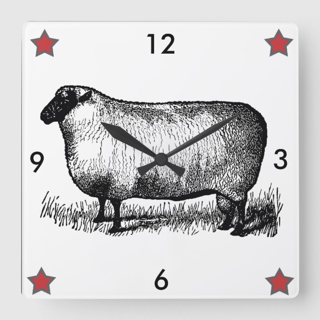 Vintage, primitive Schafenuhr Quadratische Wanduhr (Vorderseite)