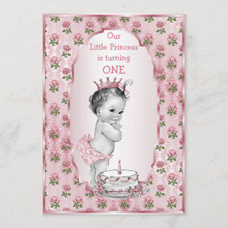 Vintage-Prinzessin Baby-Rosa Rosen 1. Geburtstagst Einladung