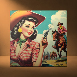 Vintage Pulp Cowgirl Illustration Fliese