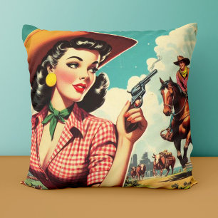 Vintage Pulp Cowgirl Illustration Kissen