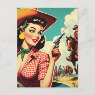 Vintage Pulp Cowgirl Illustration Postkarte