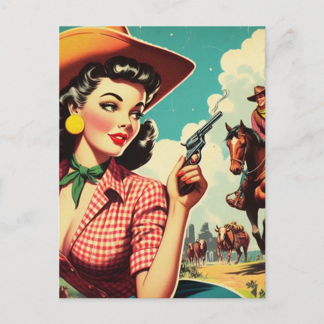 Vintage Pulp Cowgirl Illustration Postkarte (Vorderseite)