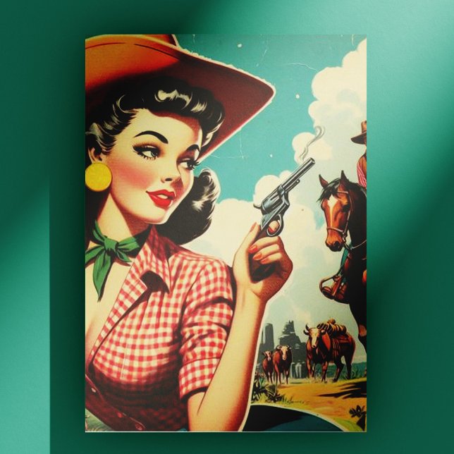 Vintage Pulp Cowgirl Illustration Postkarte (Von Creator hochgeladen)