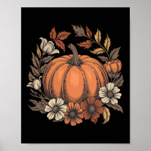Vintage Pumpkin Floral Design Fall Harvest Thanksg Poster