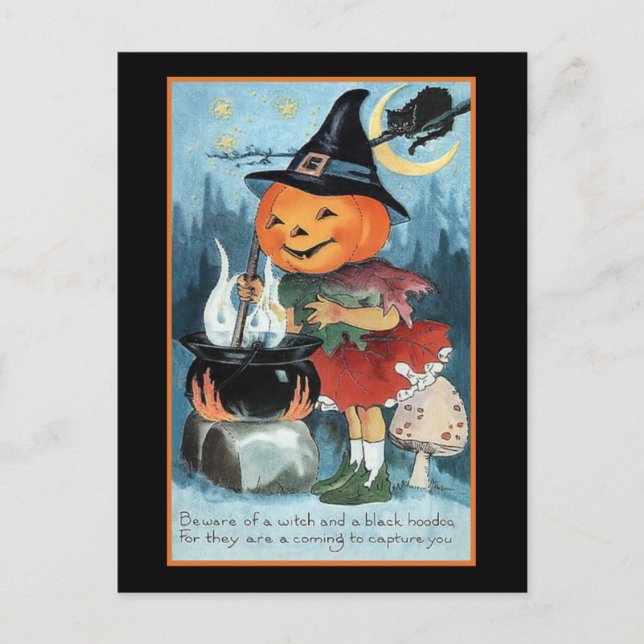 Vintage Pumpkin Hexe Einladung Postkarte (Vorderseite)