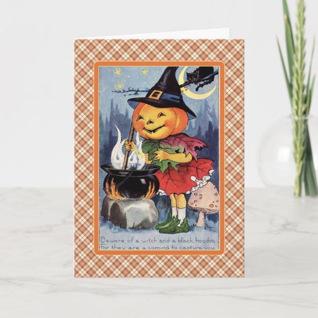 Vintage Pumpkin-Hexenkarte Cauldron Halloween Karte (Vorderseite)