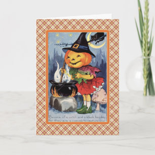 Vintage Pumpkin-Hexenkarte Cauldron Halloween Karte