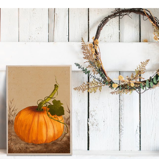 Vintage Pumpkin Wasserfarbe Kunst Poster (Original Watercolor Art. Vintage pumpkin on a rustic background.)