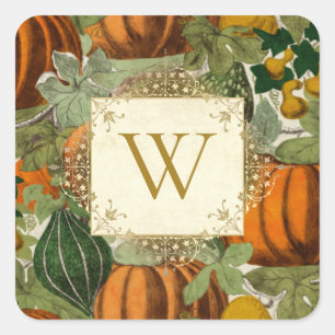 Vintage Pumpkins & Gourds Monogram Square Stickers