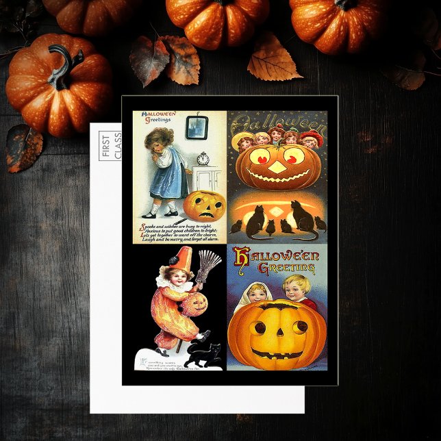 Vintage Pumpkins Kinder 4 Fotos Große Postkarte (Vintage Halloween Women Montage Large Postcard)