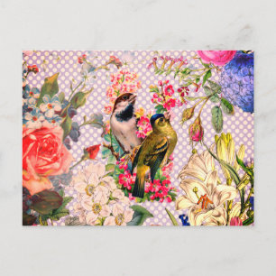 Vintage-Punkte-Muster Vogel bunte Blumen Postkarte