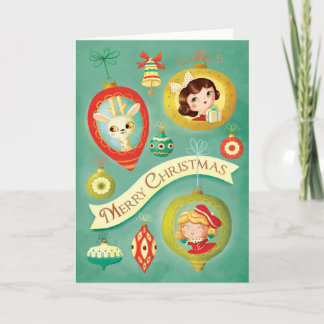Vintage Puppen & Rentier Weihnachtsgrußkarte Feiertagskarte