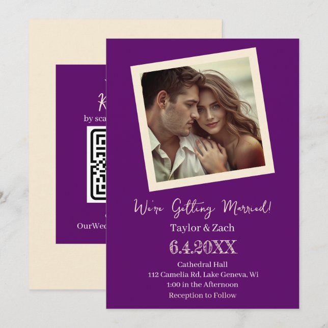 Vintage Purple & Cream Retro Photo Wedding Einladung (Vorne/Hinten)