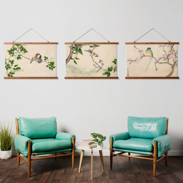 Vintage Qing-Dynastie Chinesische Vogelmalerei Wandteppich Mit Holzrahmen (Wohnzimmer)