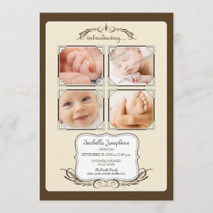 Vintage-Quad-Foto 5x7" Taupe Geburtsanzeige Ankündigung