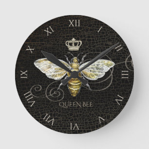 Vintage Queen Bee Royal Crown Wabenmuster Schwarz Runde Wanduhr