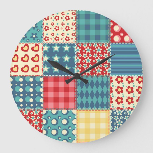Vintage-Quilt: Patchwork-Hintergrundmuster. Große Wanduhr (Vorderseite)