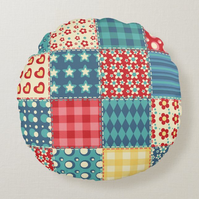 Vintage-Quilt: Patchwork-Hintergrundmuster. Rundes Kissen (Vorderseite)