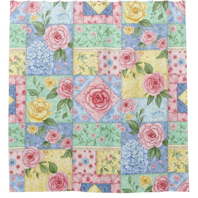 Vintage-Quilt-Rosenmuster Duschvorhang (Vorderseite)