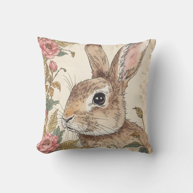 Vintage Rabbit, Cute Bunny Rabbit, Flowers Pattern Kissen (Vorderseite)