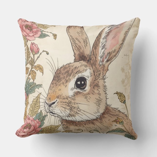 Vintage Rabbit, Cute Bunny Rabbit, Flowers Pattern Kissen (Vorderseite)