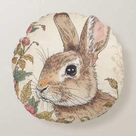 Vintage Rabbit, Cute Bunny Rabbit, Flowers Pattern Rundes Kissen