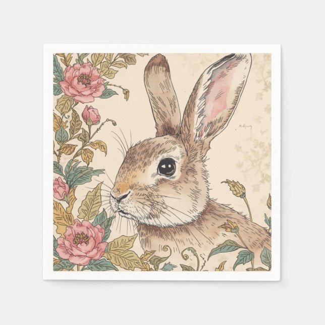 Vintage Rabbit, Cute Bunny Rabbit, Flowers Pattern Serviette (Vorderseite)