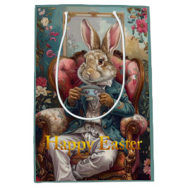 Vintage rabbit Drinking Tea Happy Easter Mittlere Geschenktüte