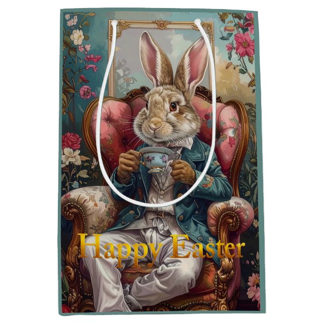 Vintage rabbit Drinking Tea Happy Easter Mittlere Geschenktüte (Vorderseite)