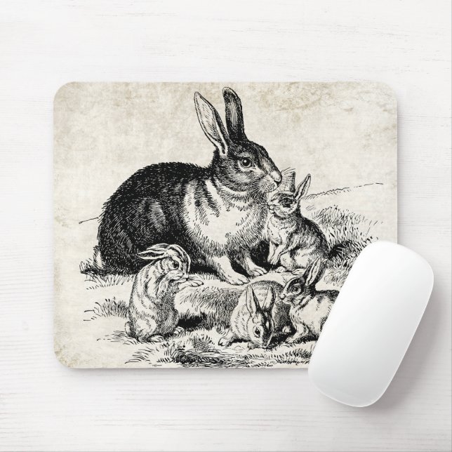 Vintage Rabbit-Familiendarstellung, Baby Bunnies Mousepad (Mit Mouse)
