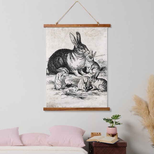 Vintage Rabbit-Familiendarstellung, Baby Bunnies Wandteppich Mit Holzrahmen (Schlafzimmer)