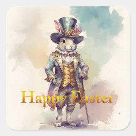Vintage rabbit top hat Happy Easter Quadratischer Aufkleber