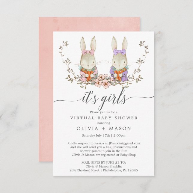 Vintage Rabbit Virtual Baby Dusche Einladung Twin (Vorne/Hinten)