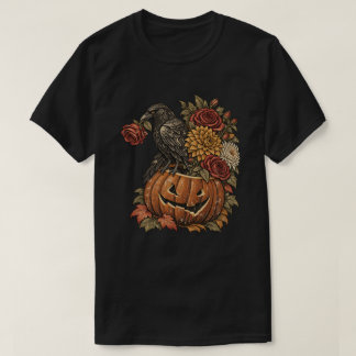 Vintage-Rabe auf Kürbis mit Herbstblumen T-Shirt