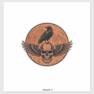 Vintage-Rabe-Geflügelter-Totenkopf-Orange-Mond-Vek Aufkleber